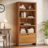 Tribesigns 70.9" Tall Bookshelf with File Drawer, Farmhouse 5-Tier Bookcase with LED Lights, Wooden Open Display Shelf Organizer for Living Room & Bedroom & Home Office (Walnut) Tribesigns