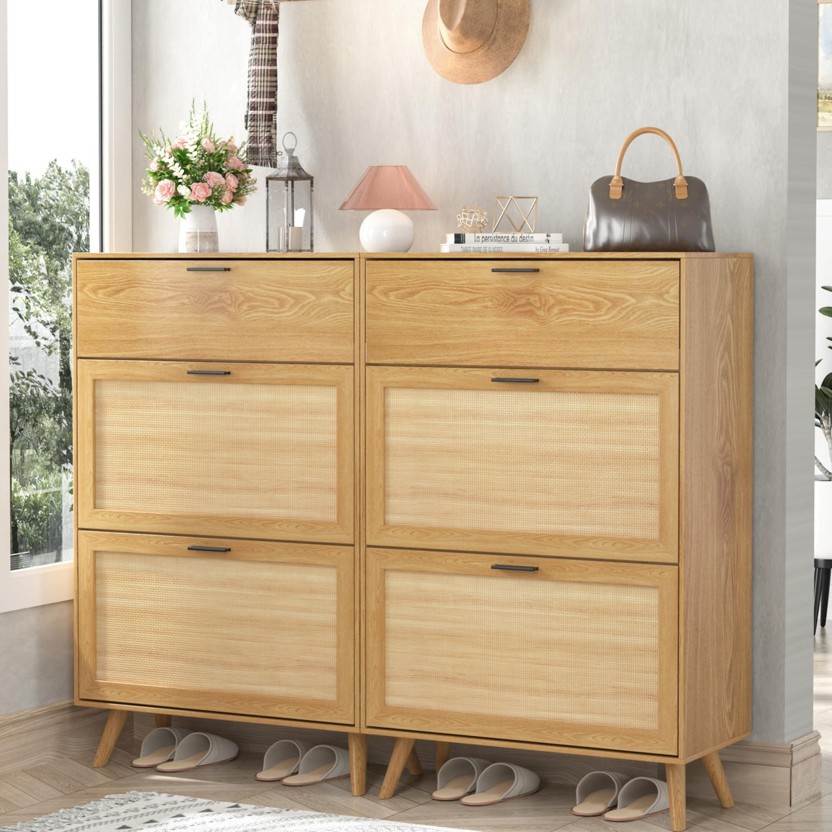 TOLEAD Rattan Shoe Storage Cabinet, Freestanding Shoe Rack Cabinet with 2 Flip Drawers & Wood Legs, Slim Shoe Organizer Cabinet for Entryway TOLEAD