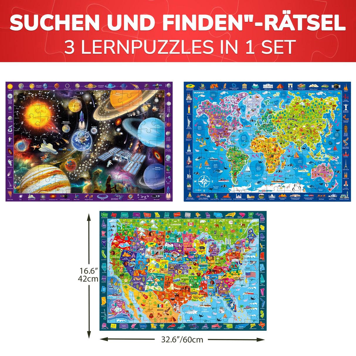 QUOKKA 100 Piece Puzzles for Kids Ages 4-6 – 3 Pack Floor Puzzles for Kids 8-10 Year Old – Learning Games World Map & Space 5-7 – United States Educational Puzzles for Toddlers 3-5 QUOKKA