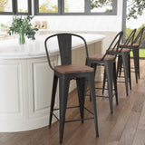 Aklaus Metal Bar Stools Set of 4,24 inch Barstools Counter Height Bar Stools with Backs Farmhouse Bar Stools with Larger seat High Back Kitchen Dining Chairs Modern Bar Chairs Matte Black Stool Aklaus