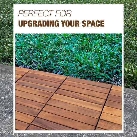 10 pcs Premium Acacia Wood Interlocking Decking Tiles – 12x12x0.9in Weatherproof Patio Flooring Outdoor – Interlocking Deck Tiles for Balcony, Backyar & Poolside, All-Weather Use (Golden Teak Finish) GREEN ALLUVIUM