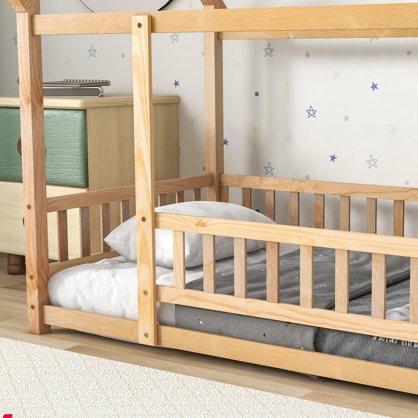 Brafab Twin Size Montessori Floor Bed with House Roof and Safety Guardrails in Natural Pine - WoodArtSupply