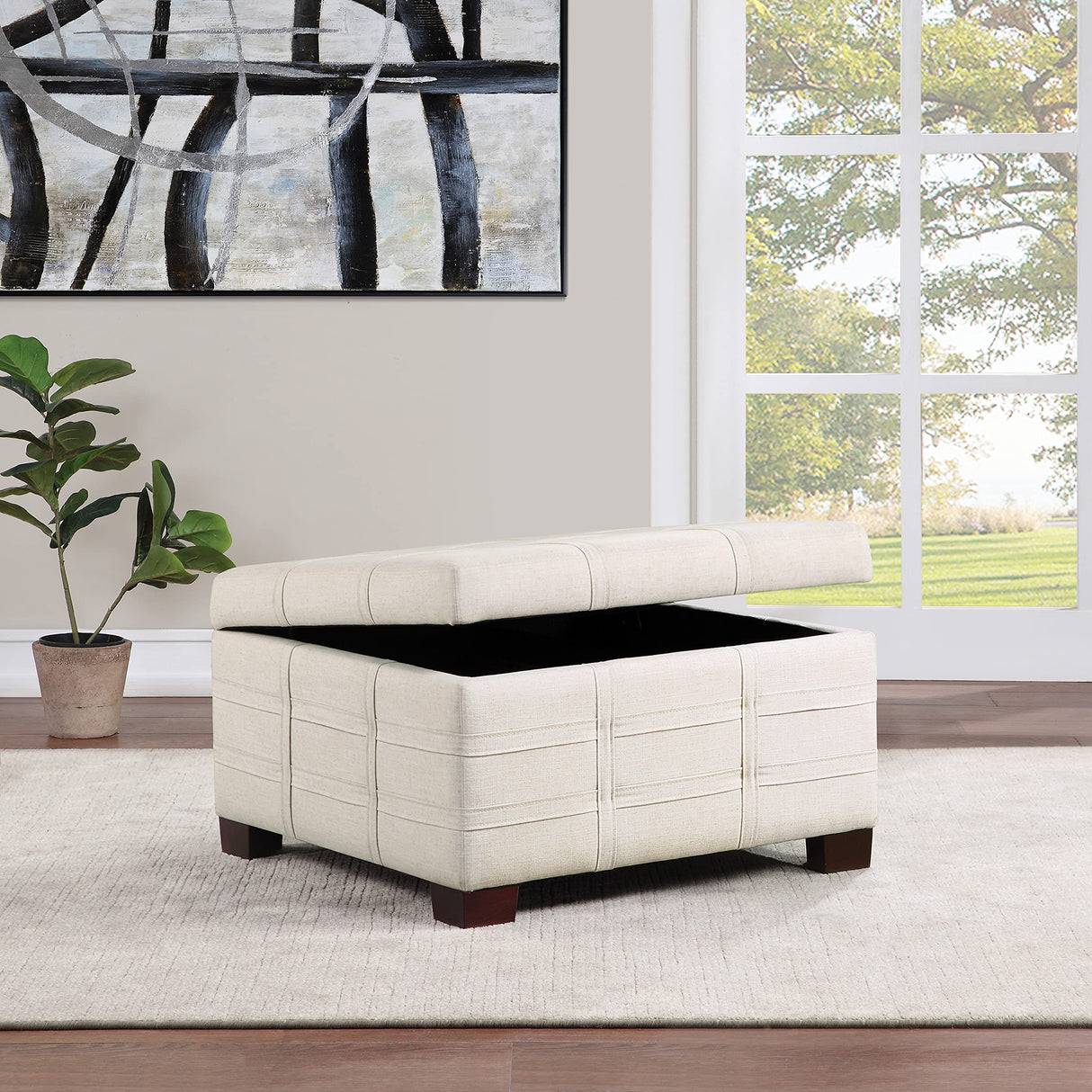 OSP Home Furnishings Detour Strap Square Storage Ottoman with Tray and Solid Wood Legs, Linen Fabric Office Star Products