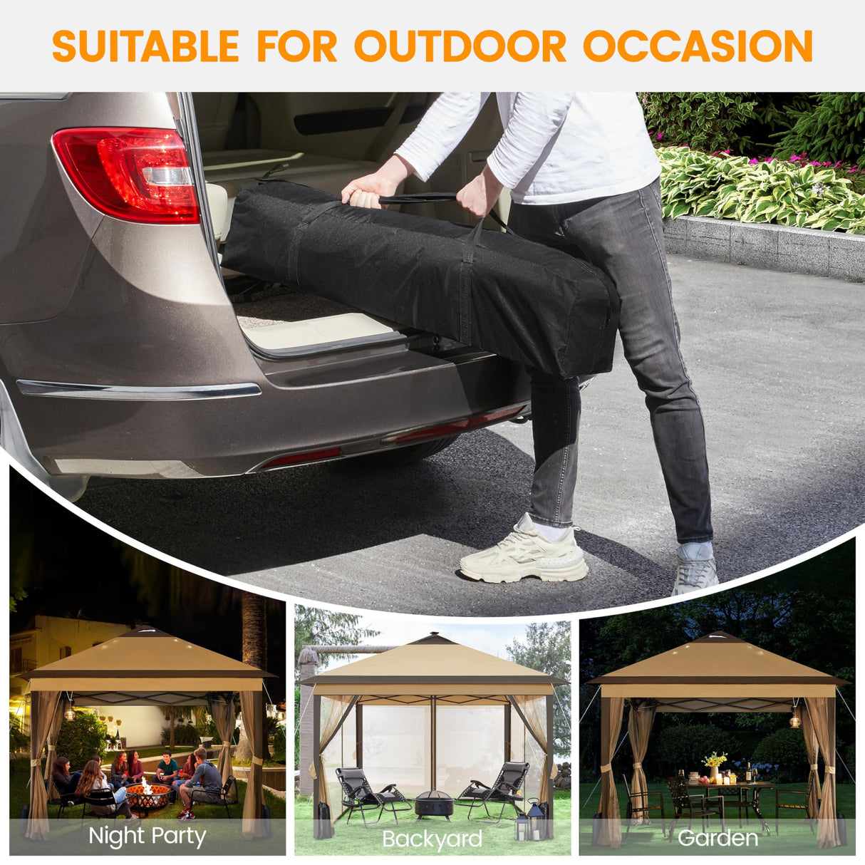 Yaheetech 11'x11' Pop Up Gazebo Instant Tent with 17 Solar LED Lights & Zippered Mesh Netting, Outdoor Shelter Sun Shade Gazebo with Sandbags for Backyard Garden Patio, Khaki & Brown Yaheetech