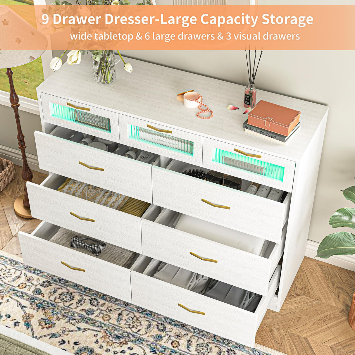 Vibe & Dine 9 Drawer Dresser with LED Lights and Charging Station, Modern Chest of Drawers Closet Organizer, Wood Wide Storage Dresser for Bedroom, Living Room Vibe & Dine