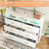 Vibe & Dine 9 Drawer Dresser with LED Lights and Charging Station, Modern Chest of Drawers Closet Organizer, Wood Wide Storage Dresser for Bedroom, Living Room Vibe & Dine