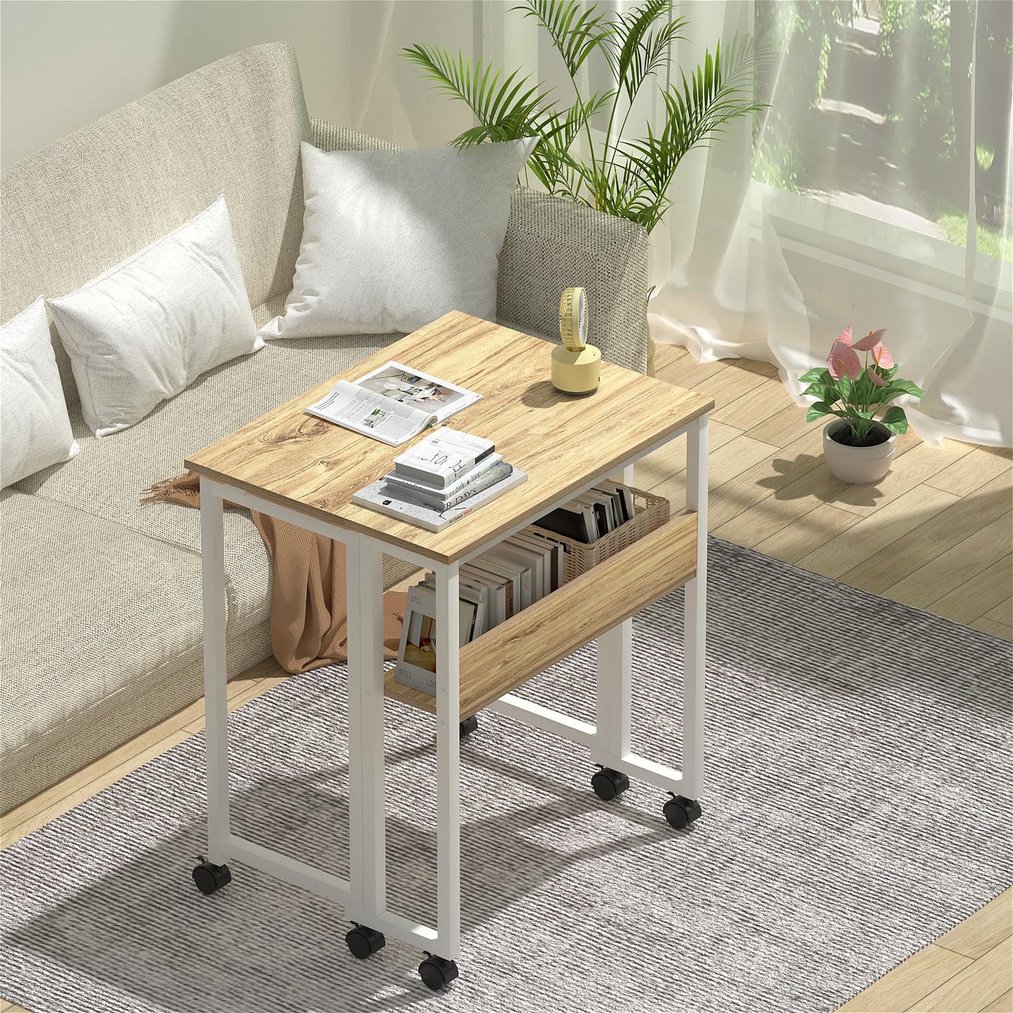 GreenForest Folding Desk Small Rolling Desk with Storage Shelf,24.8 inch Foldable Computer Desk with Wheels for Small Space,Easy Assembly,Oak - WoodArtSupply