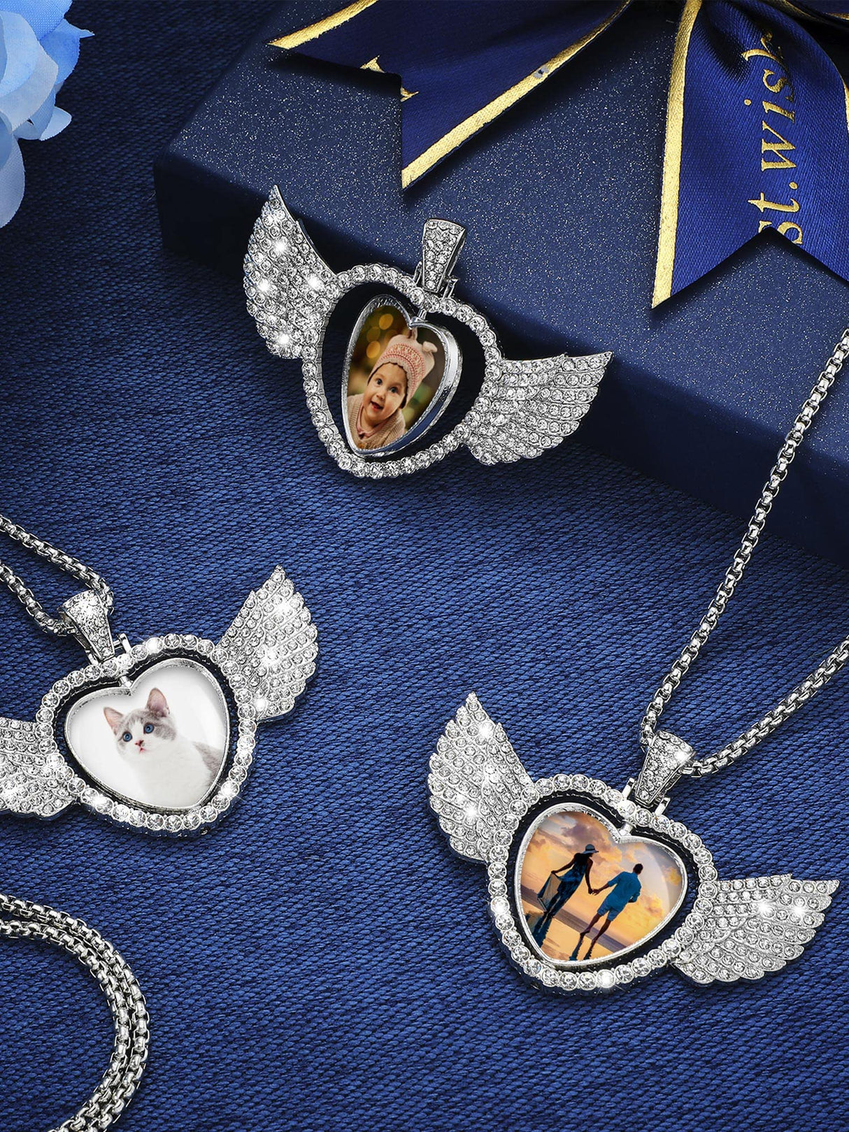 Junkin 24 Pcs Sublimation Rhinestone Trays Pendant Set, Including 6 Double Sided Blank Rhinestone Bezel Trays, 6 Pcs Thick Chains with 12 Sublimation Discs for Making (White) Junkin