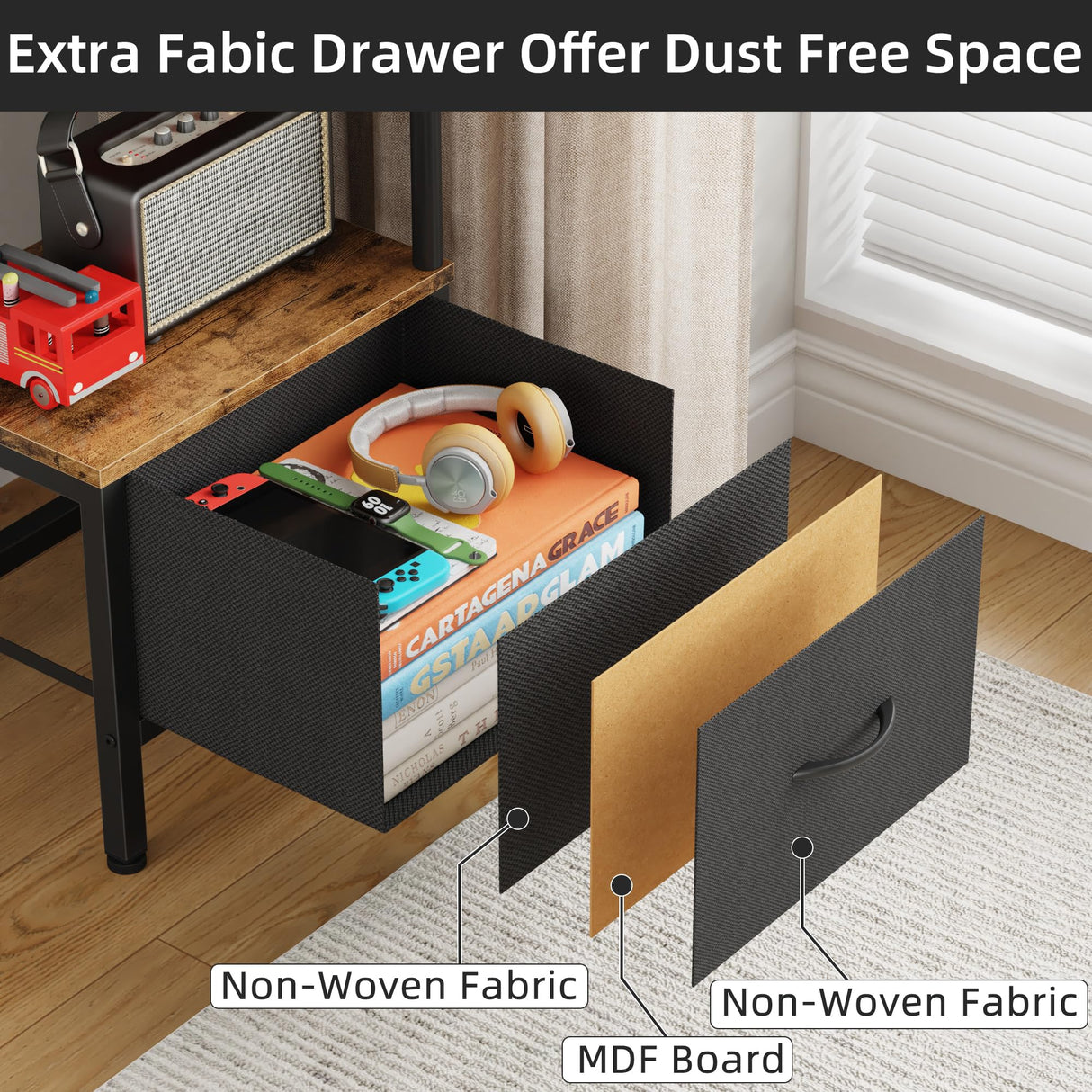 AFLUI 6-Tier Corner Bookshelf with Fabric Drawer and LED Light, 75" Bookcase for Small Space, Narrow Book Shelf for Corner, Display Shelf, Rustic Brown AFLUI