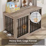 Dog Crate Furniture 47” Large Dog Kennel for Dogs Indoor, Heavy Duty Dog Cage with Sliding Door and 2 SUS Bowls Wooden End Table in Living Room for Small Medium Large Dogs, Rustic TTVIEW