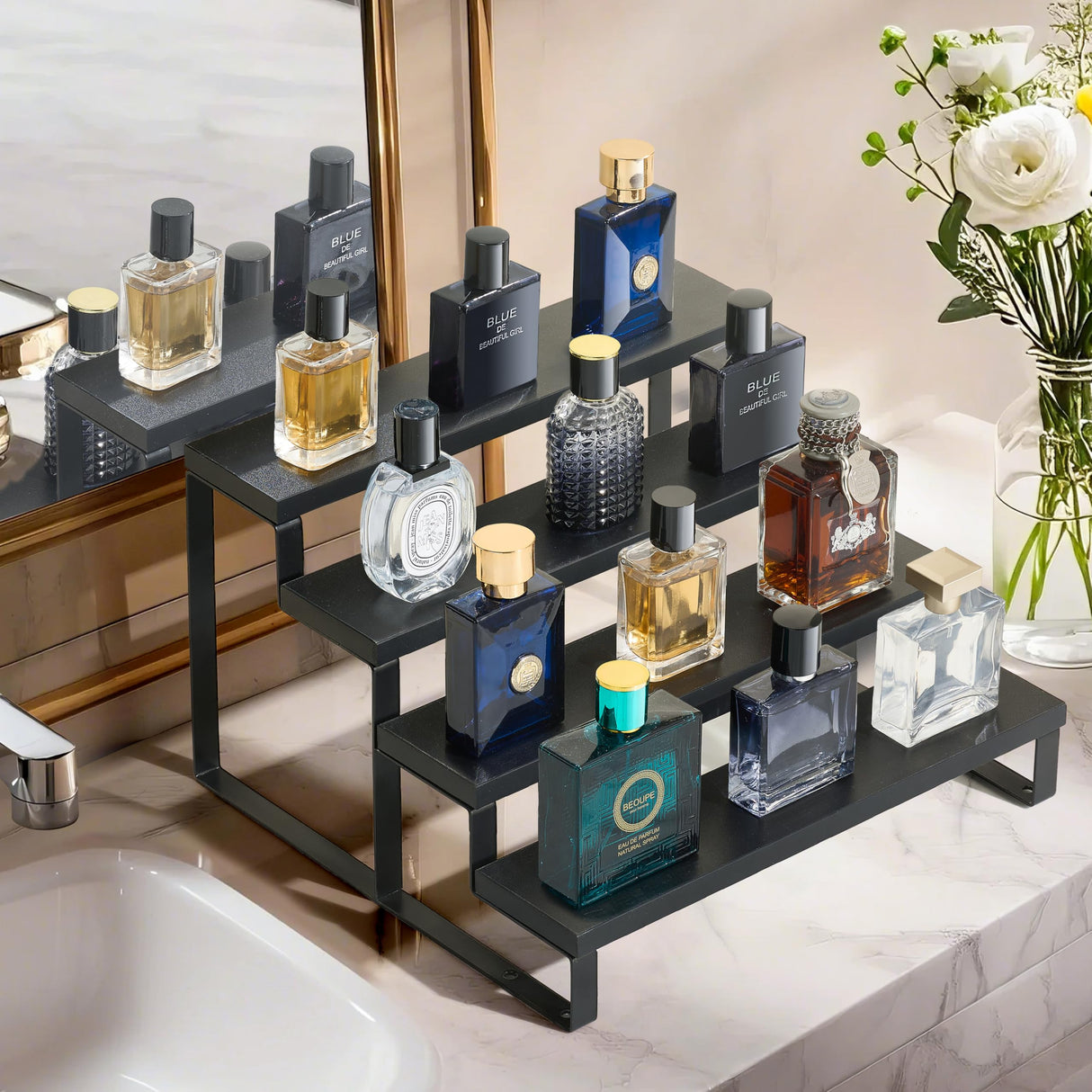 Wood Cologne Organizer for Men,12 Inch 4 Tier Cologne Stand Waterproof Perfume Organizer for Dresser with Anti-Slip Washers,Wooden Display Risers Stand for Party,Makeup,Figures,Cupcake,Perfume,Dessert HomePekite