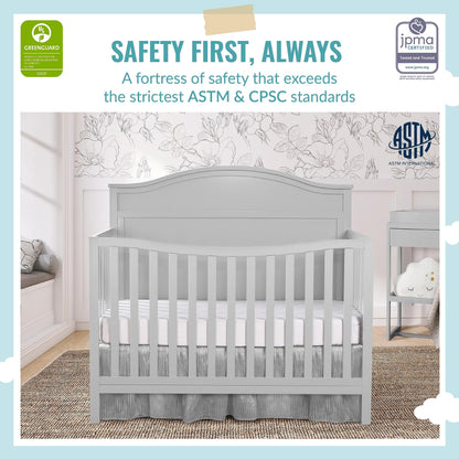 Dream On Me JPMA & Greenguard Gold Certified Grace 5 in 1 Convertible Crib Made with Sustainable New Zealand Pinewood in Pebble Grey, Non-Toxic Finish