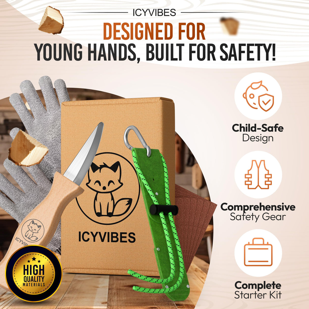 Premium Wood Carving Kit - 9pcs Whittling Knife Set for Beginners Craft Projects Gloves Chisel Pocket Friendly Working Tools Leather Perfect for Gifts and Creative Bowl Sharpener ICYVIBES