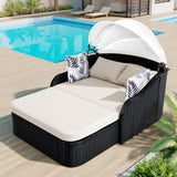 Merax Outdoor Patio Rattan Daybed Sunbed with Adjustable Canopy, Double Lounge Sun Bed with Cushion for Pool/Backyard/Porch, Beige+ Black Merax