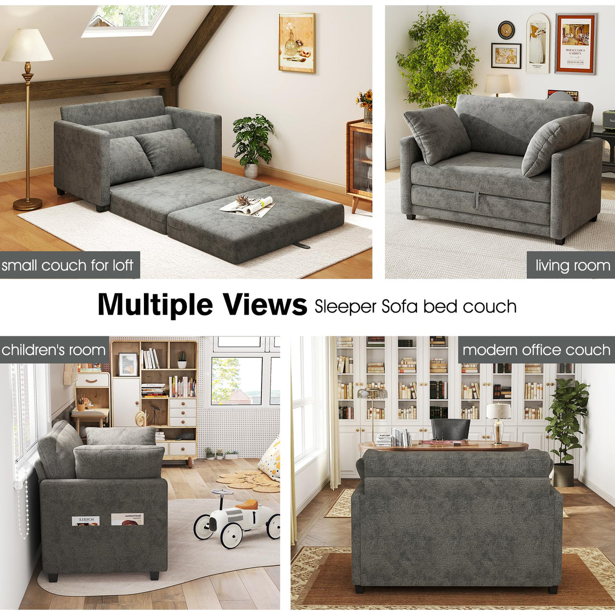 kakuboohi 51" Loveseat Sleeper Sofa Bed, Chenille Convertible Floor Sofa Bed for Small Spaces, Folding Couch Bed with Deep Seat, 2 Pillows & Solid Frame, Pull Out Floor Couch for Living Room, Grey kakuboohi