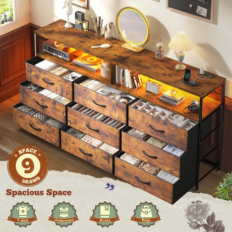 Romorgniz 55" W Dresser for Bedroom with 9 Drawers, LED TV Stand with Power Outlets for 45, 55, 65 Inch TV, Sturdy Long Chest of Drawers with Extra 2 Wooden Shelves, Rustic Brown Romorgniz