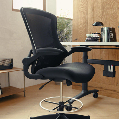 Flash Furniture Kelista Mid-Back Swivel Office Chair with Adjustable Seat Height, Ergonomic Mesh Desk Chair with Flip-Up Armrests, Black - WoodArtSupply