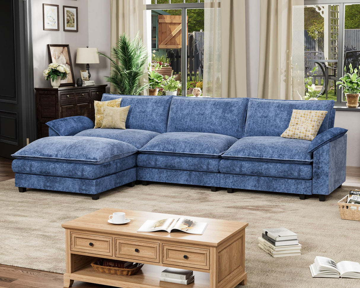 Homall 119" Modular Sectional Sofa, L Shaped Sofa Couch with Reversible Ottoman, DIY Combination Chenille Deep 3-Seat Cloud Couch for Living Room, Apartment (Dark Blue, L Shaped Sofa) Homall