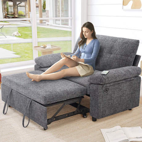 Vipbear 3 in 1 Sleeper Sofa Bed, Pull Out Couch with Reclining Backrest, Convertible Loveseat with USB Ports, Tool-Free Assembly, Modern Chenille Loveseat for Living Room, Apartment, Dark Grey Vipbear