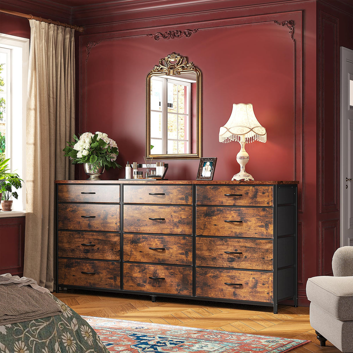 Romorgniz 55" Dresser for Bedroom with 12 Fabric Drawers, Entertainment Center for 60 inch TV Dressers & Chests of Drawers Large Organizer, Living Room, Metal Frame, Wood Top, Rustic Brown Romorgniz