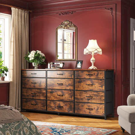 Romorgniz 55" Dresser for Bedroom with 12 Fabric Drawers, Entertainment Center for 60 inch TV Dressers & Chests of Drawers Large Organizer, Living Room, Metal Frame, Wood Top, Rustic Brown Romorgniz