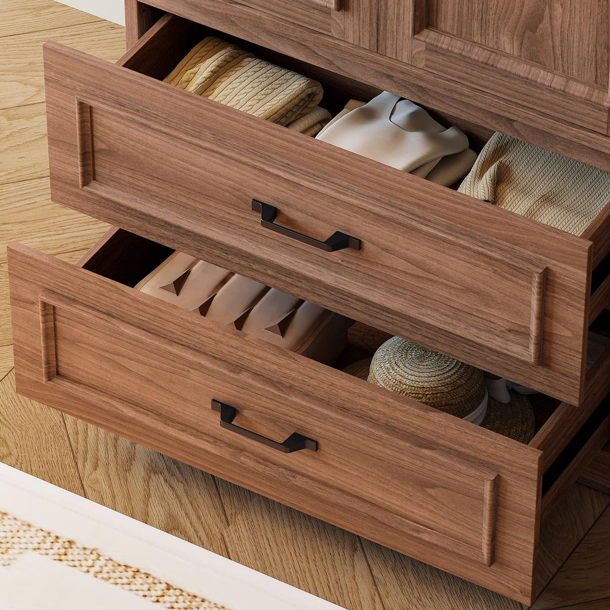 LIKIMIO Armoire Wardrobe Closet with 2 Doors and 2 Drawers 70" H x 28" W Wooden Bedroom Freestanding Wardrobe Combination for Hanging Clothes, Walnut LIKIMIO