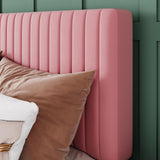 Allewie Full Bed Frame, Velvet Upholstered Platform Bed with Adjustable Vertical Channel Tufted Headboard, Mattress Foundation with Strong Wooden Slats, Box Spring Optional, Easy Assembly, Pink Allewie