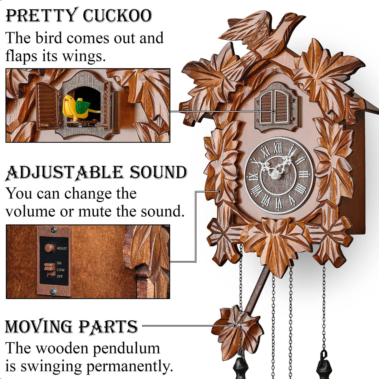 TIMEGEAR Cuckoo Clock with Night Mode, Hand Carved Decorations and Swinging Pendulum (Brown) TIMEGEAR