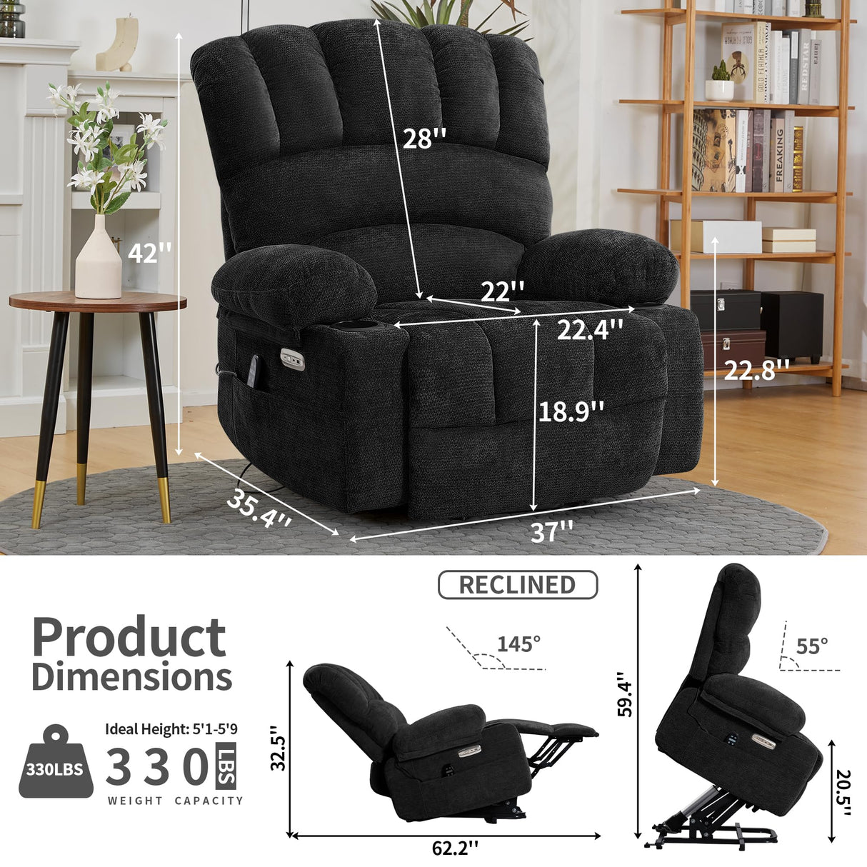 DURASPACE Power Lift Recliner Chair Massage Recliners with Heat, Shell Backrest Lift Chair Recliners for Elderly（Dark Gray） DURASPACE