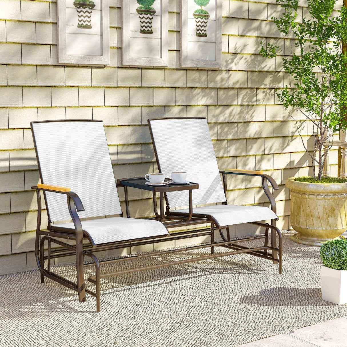 Outsunny 2 Person Outdoor Glider Bench, Patio Swing Glider Chair Loveseat with Breathable Mesh, Table, Steel Frame for Garden, Backyard, Porch, Cream White Outsunny