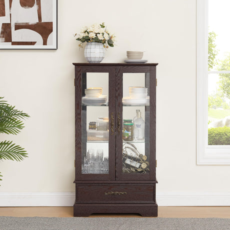 nifoti 47" H Lighted Curio Cabinet Display Case, Glass Cabinet with Adjustable Shelves,Tempered Glass Door and Drawer, Wooden Curio Cabinet with Mirrored Back Pane for Living Room (Dark Cherry) nifoti