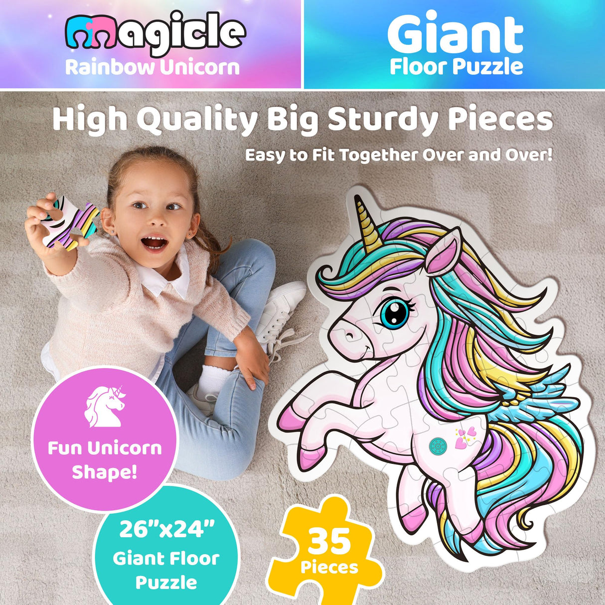 Rainbow Unicorn Giant Floor Puzzle with Sounds, 35 Piece Extra Thick Puzzles, Unicorn Toys for Girls Age 4-6, Floor Puzzles for Kids Ages 3-5 and 6 Year Old Gifts Team Power