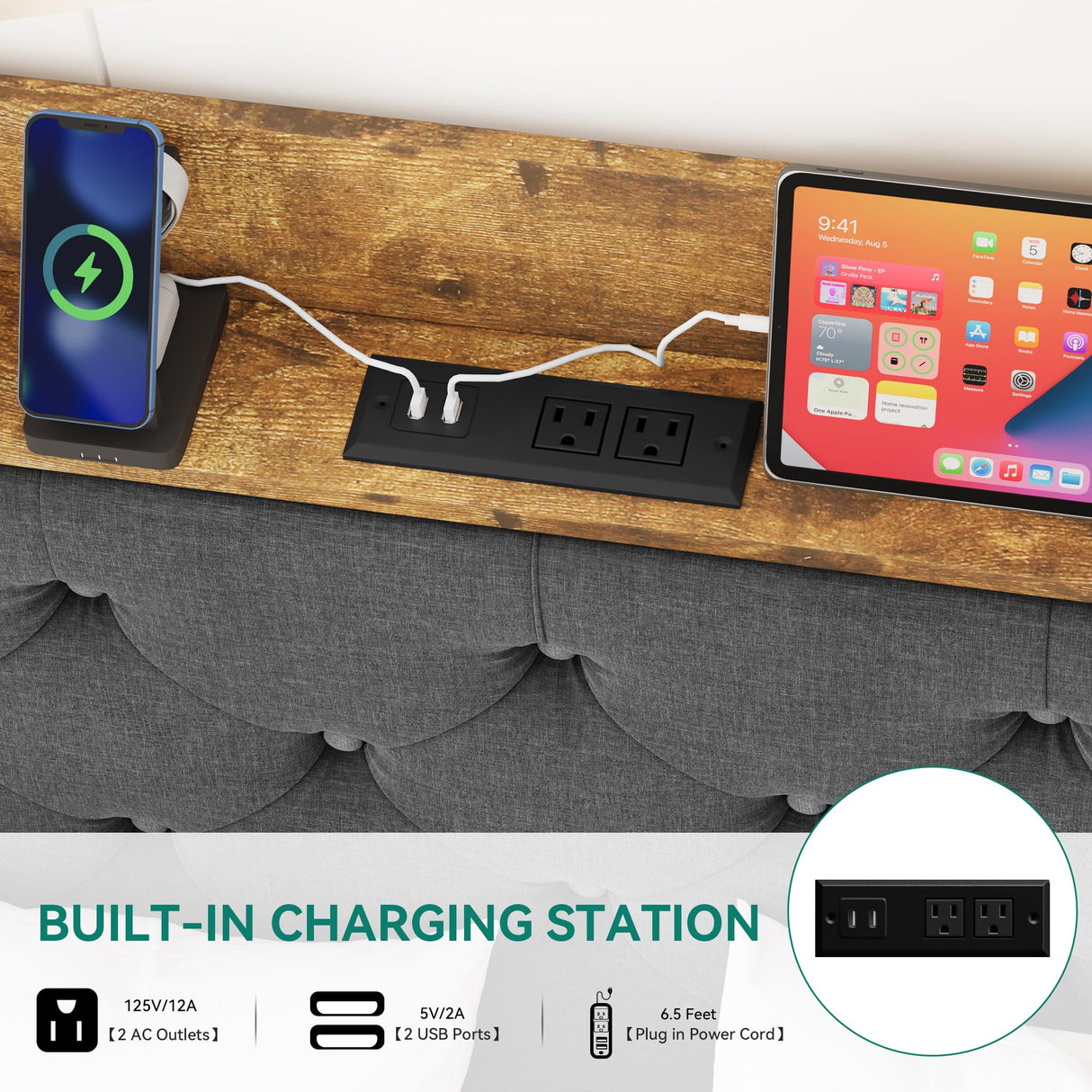 YITAHOME Queen Upholstered Platform Bed Frame with Wingback Headboard and 4 Storage Drawers, Built-in Outlets and USB Ports, Sturdy Wood Slats, No Box Spring Needed - Gray YITAHOME