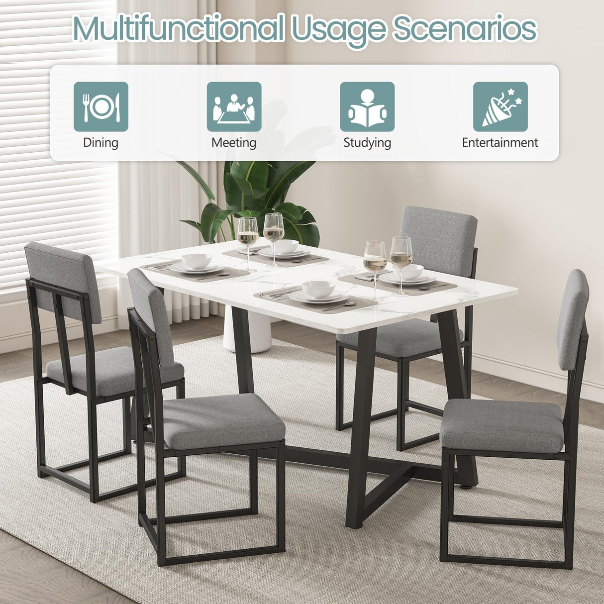 HUGROVE 5-Piece Dining Table Set, 47.27'' Faux Marble Rectangular Table with 4 Linen Upholstered Dining Chairs, Modern Kitchen & Dining Room Furniture for Apartment (Silver) HUGROVE
