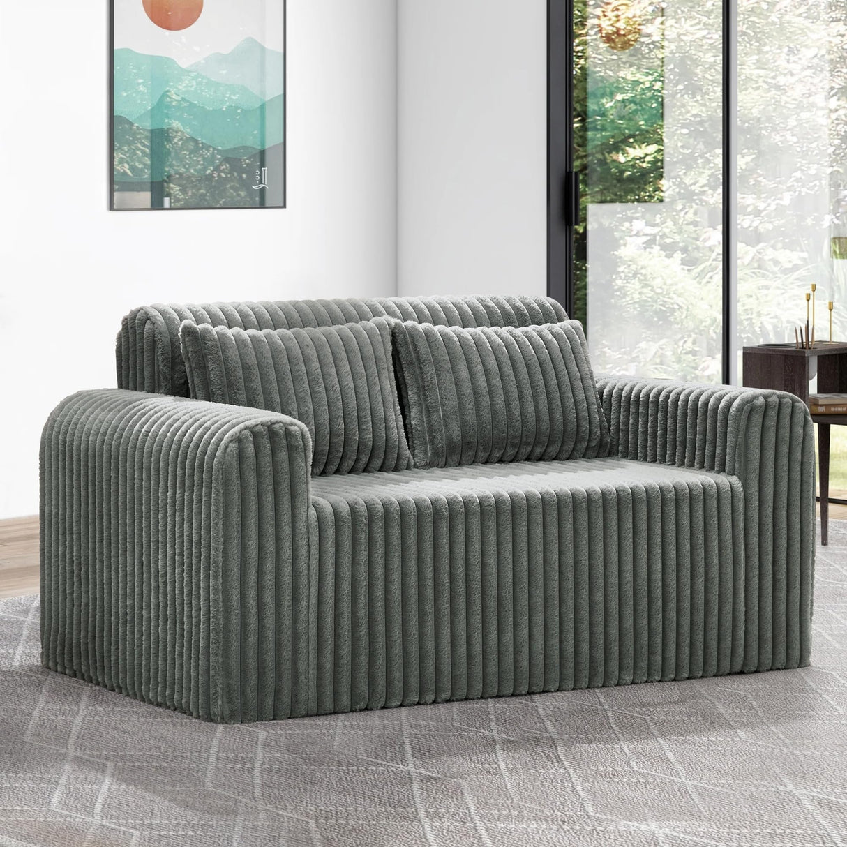 Hobestluk Couch Sofa 2-Seater Foam Sofa Loveseat for Small Spaces Comfy Sofas with Removable Cover Furry Couch with Pillows for Living Room, Bedroom, Apartment, Office (Grey, Loveseat) Hobestluk