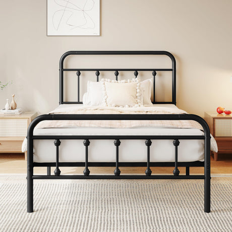 zunatu Twin Size Metal Platform Bed Frame/Victorian Style Headboard and Footboard/Steel Slat Support/Easy Assembly/No Box Spring Needed/Underbed Storage/Noise Free/Black zunatu