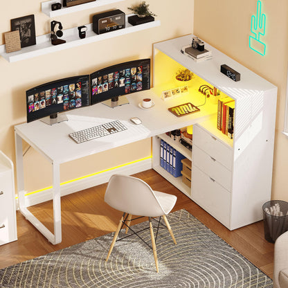 YITAHOME 55" L Shaped Computer Desk with Power Outlets, LED Lights, File Cabinet & Ample Storage in White