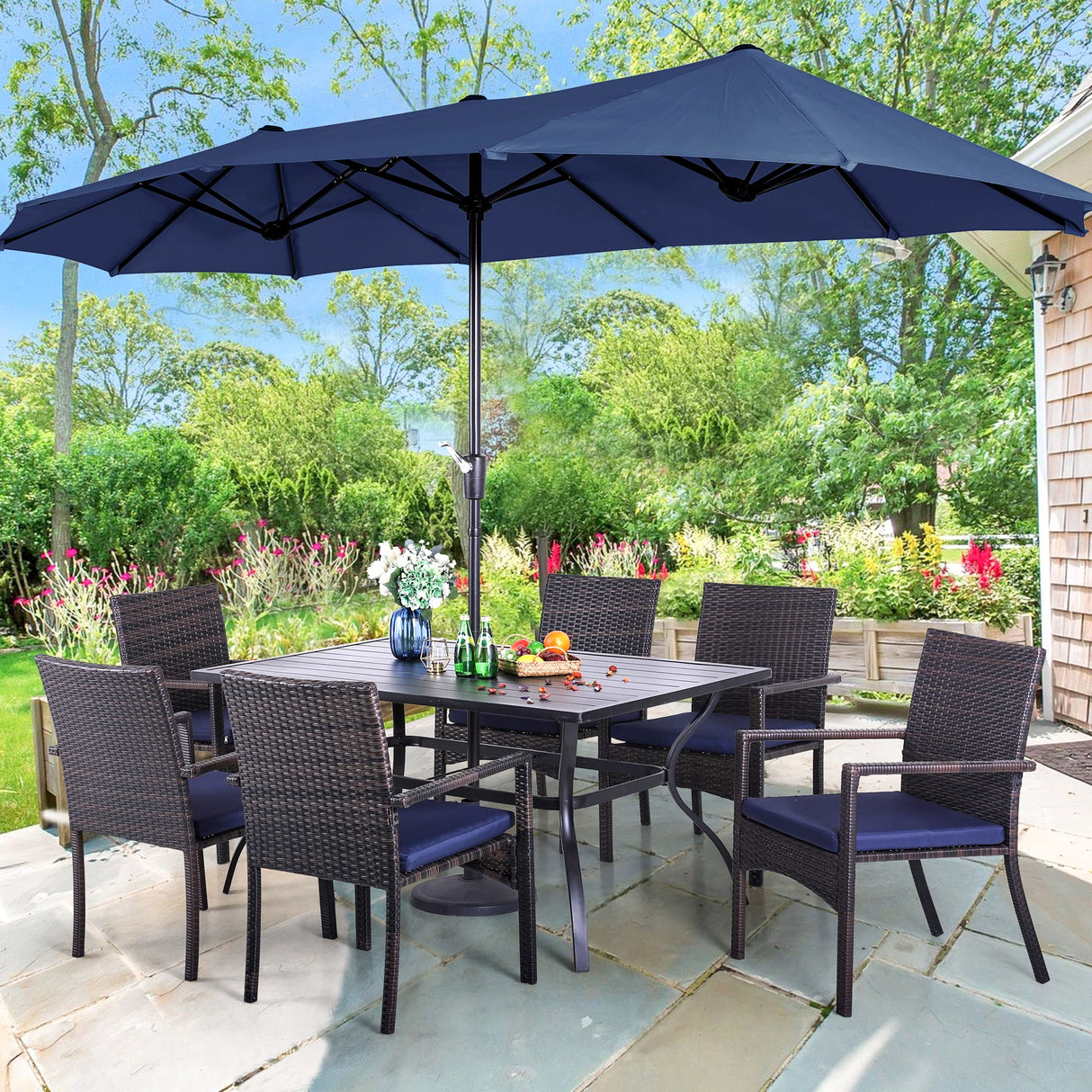 PHI VILLA 7 Piece Patio Dining Furniture Set with Umbrella, 60” Rectangular Metal Dining Table & 6 Cushioned Rattan Wicker Chairs & 13ft Large Blue Umbrella for Outdoor, Deck, Yard, Porch PHI VILLA