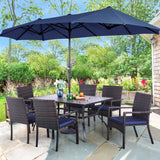 PHI VILLA 7 Piece Patio Dining Furniture Set with Umbrella, 60” Rectangular Metal Dining Table & 6 Cushioned Rattan Wicker Chairs & 13ft Large Blue Umbrella for Outdoor, Deck, Yard, Porch PHI VILLA