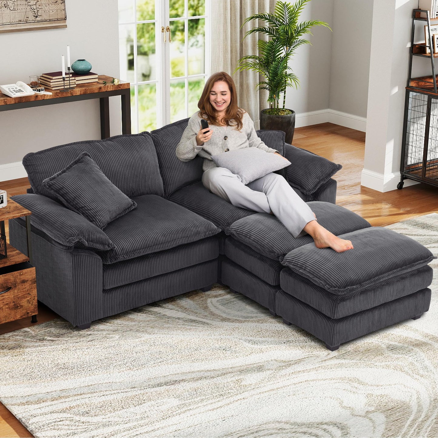 84.6'' Modular Sectional Sofa for Living Room, Comfy Corduroy Double Layer Upholstered Loveseat Sofa, Sleeper Sofa Cloud Couch with Moveable Ottoman, 2 Pillows and Detachable Armrest, Grey