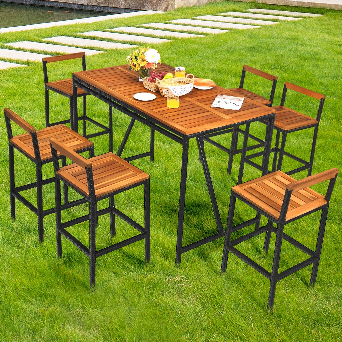 Tangkula 7-Piece Acacia Wood and Rattan Outdoor Bar Set with Umbrella Hole and Backrest Stools