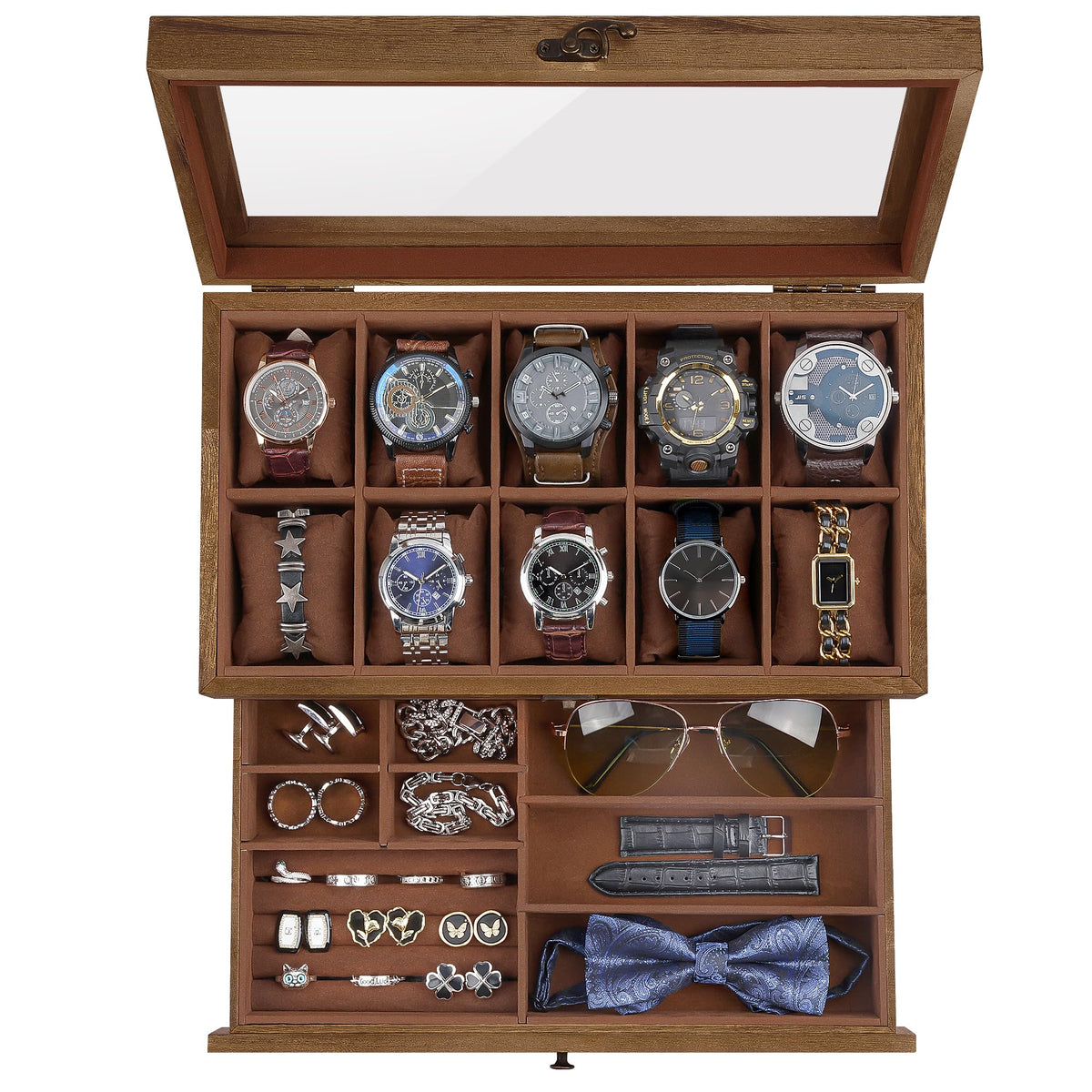 GALHUBIS Watch Box with 10 Slots, 2-Tier Watch Case for Large Dial Watches, Watch Display Case with Lid, Removable Watch Pillows, Gifts for Men Women, Watch Organizer with Drawer, Jewelry Box, Walnut GALHUBIS