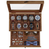 GALHUBIS Watch Box with 10 Slots, 2-Tier Watch Case for Large Dial Watches, Watch Display Case with Lid, Removable Watch Pillows, Gifts for Men Women, Watch Organizer with Drawer, Jewelry Box, Walnut GALHUBIS