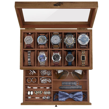 GALHUBIS Watch Box with 10 Slots, 2-Tier Watch Case for Large Dial Watches, Watch Display Case with Lid, Removable Watch Pillows, Gifts for Men Women, Watch Organizer with Drawer, Jewelry Box, Walnut GALHUBIS