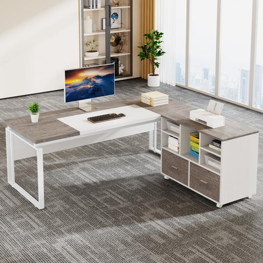 Tribesigns L-Shaped Executive Desk with Reversible File Cabinet, 63" Office Desk with Storage Drawers, L-Shaped Computer Desk with Drawer Cabinet for Hanging Letter Size Files,Gray & White - WoodArtSupply