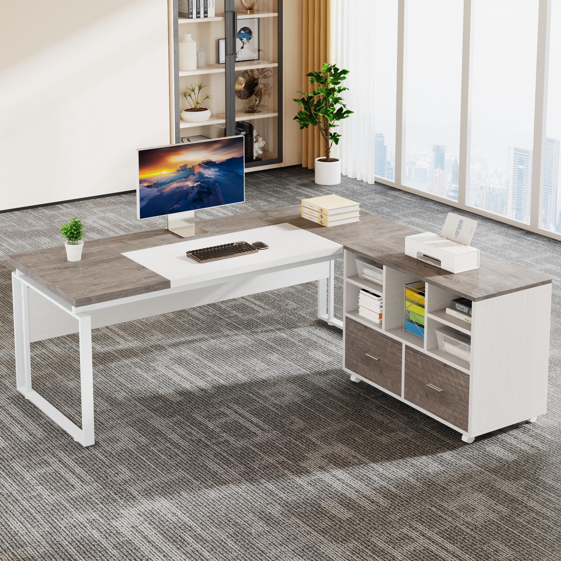 Tribesigns 63" Modern Conference Table with Splicing Board, 5FT Meeting Tables for Home Office, Business Training Seminar Table with Stylish Metal Legs (Only Table) (Grey & White) - WoodArtSupply