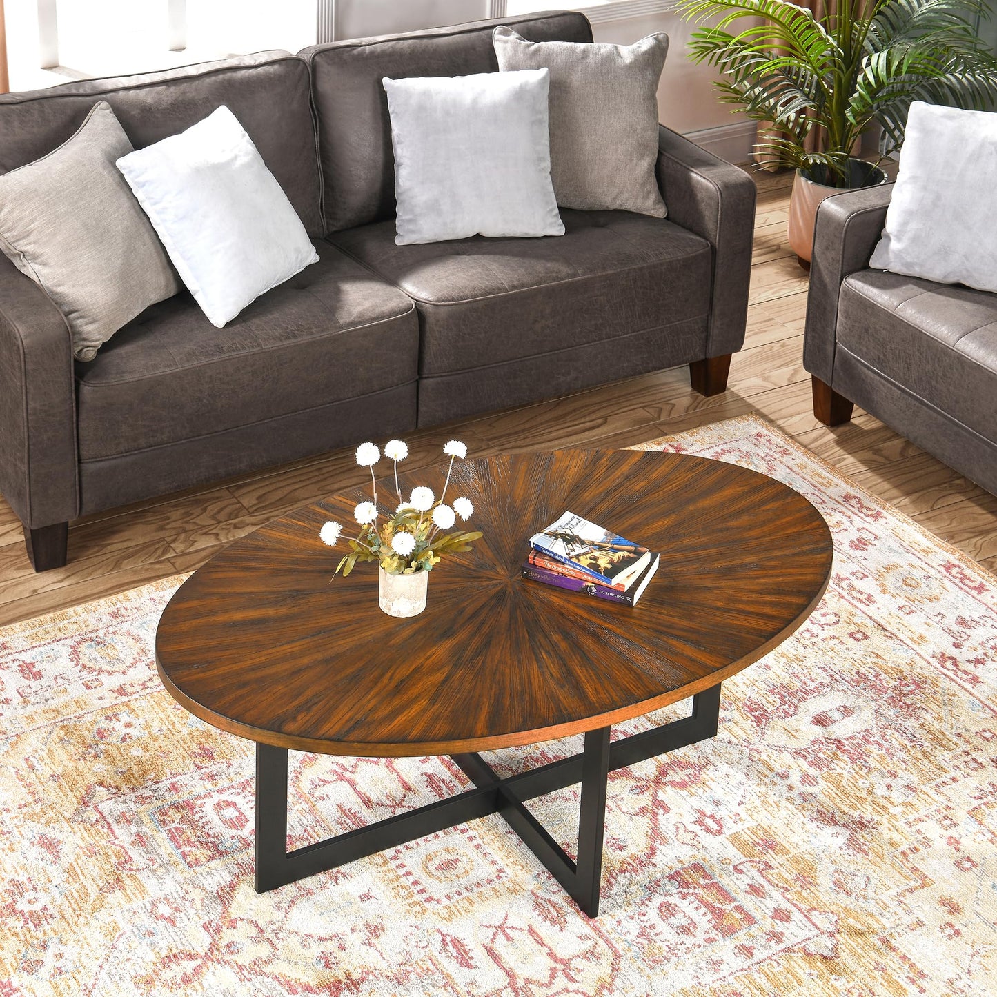 Oval Coffee Table for Living Room, Solid Wood Coffee Tables and Sturdy Metal Legs, Mid Century Modern Coffee Table, Designed Home Furniture, Center Large Circle Coffee Table - WoodArtSupply