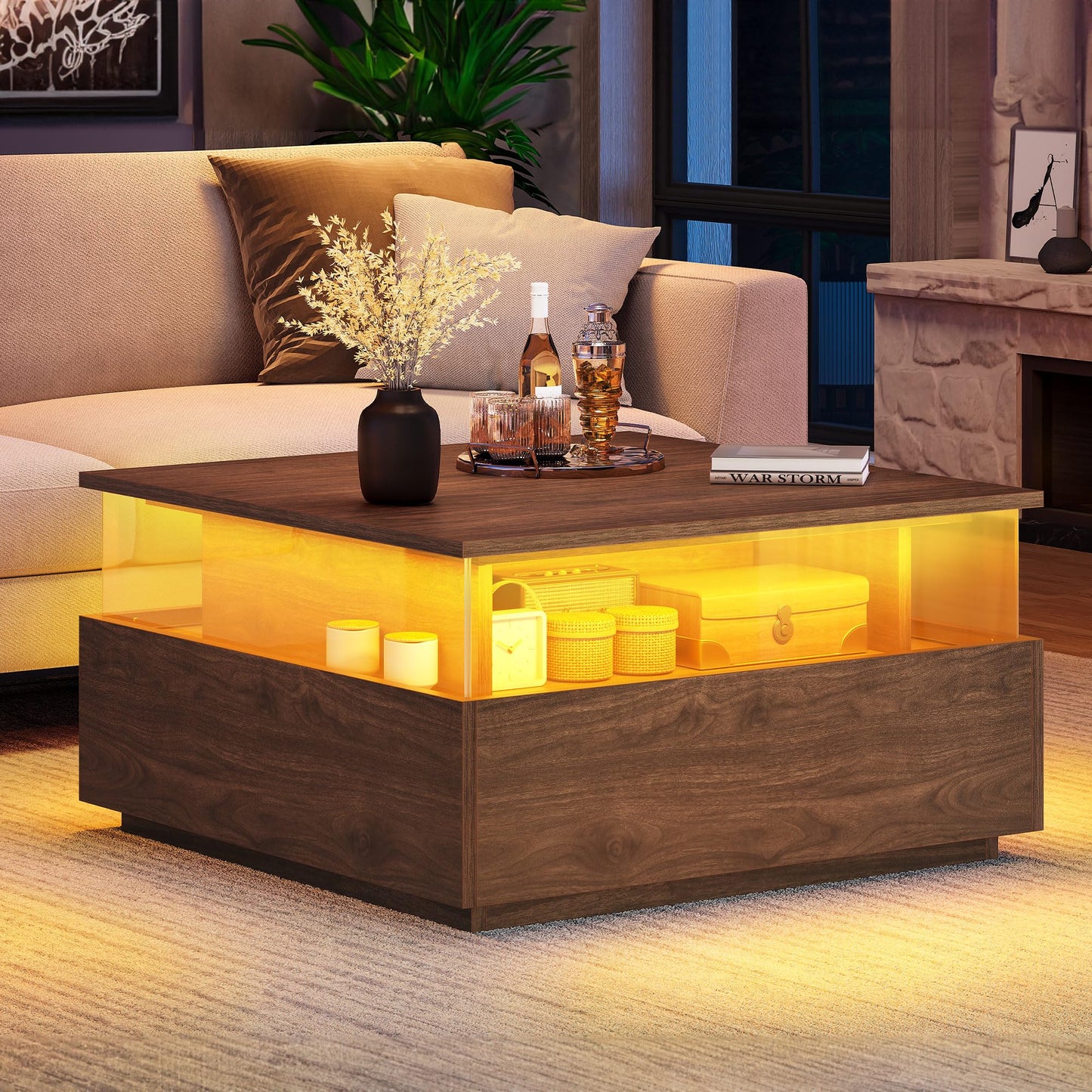 YITAHOME Coffee Table with Storage for Living Room, Modern LED Coffee Table, Square Tea Table with 2 Sliding Drawers Wood Center Table Acrylic Glass Coffee Table, Brown