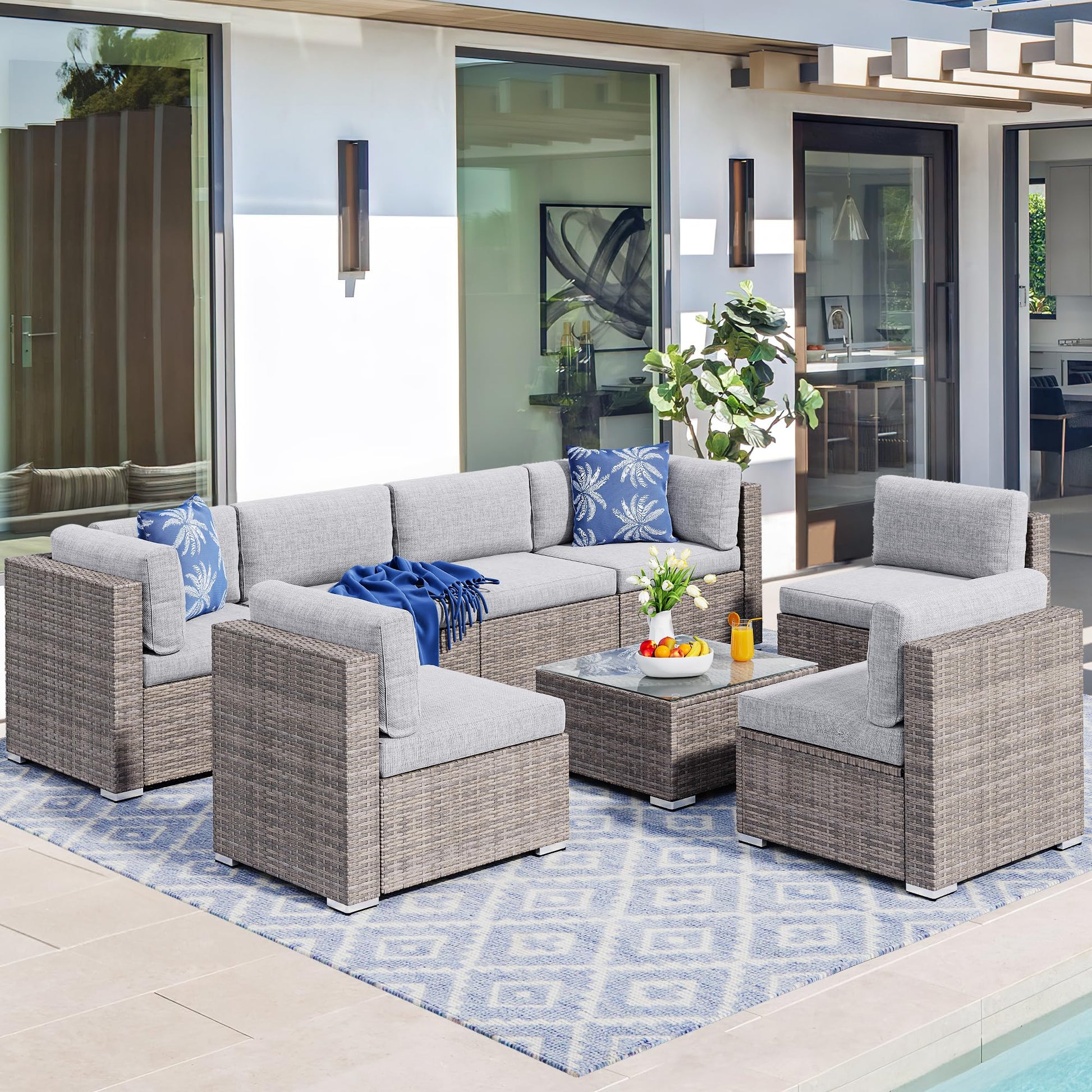 YITAHOME 8 Pieces Outdoor Patio Furniture Set, Sectional Sofa PE Rattan Wicker Conversation Set Outside Couch w/Table and Cushions for Porch Lawn Garden Backyard,Gray - WoodArtSupply