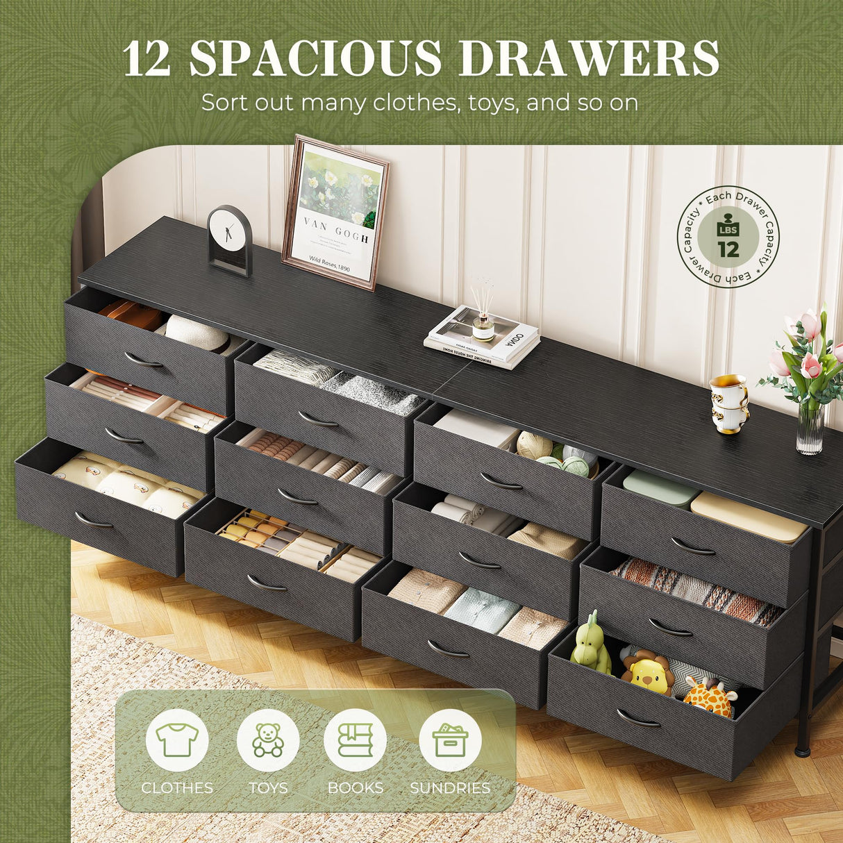 Huuger 70 Inch Black Dresser for Bedroom, TV Stand for 65, 75, 80 Inch TV, 12 Fabric Drawer Long Dresser, Wide Chest of Drawer, Storage Units for Living Room Huuger